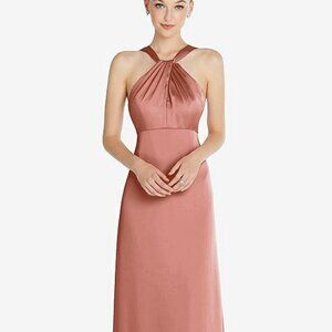 After Six 6855...Draped Twist Halter Low-Back Satin Dress...Desert Rose..Sz 12